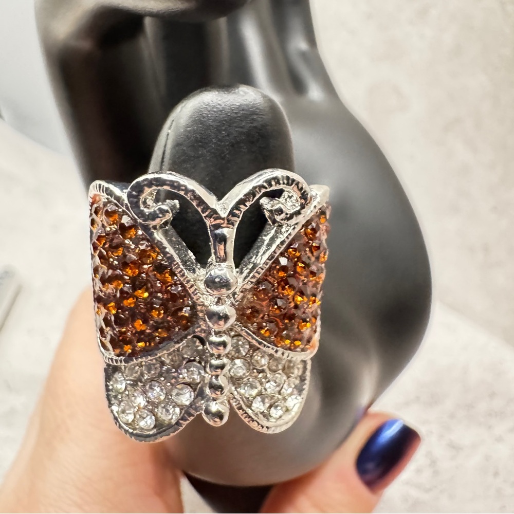 Butterfly Statement Ring Silver Tone Multi Stone … - image 7